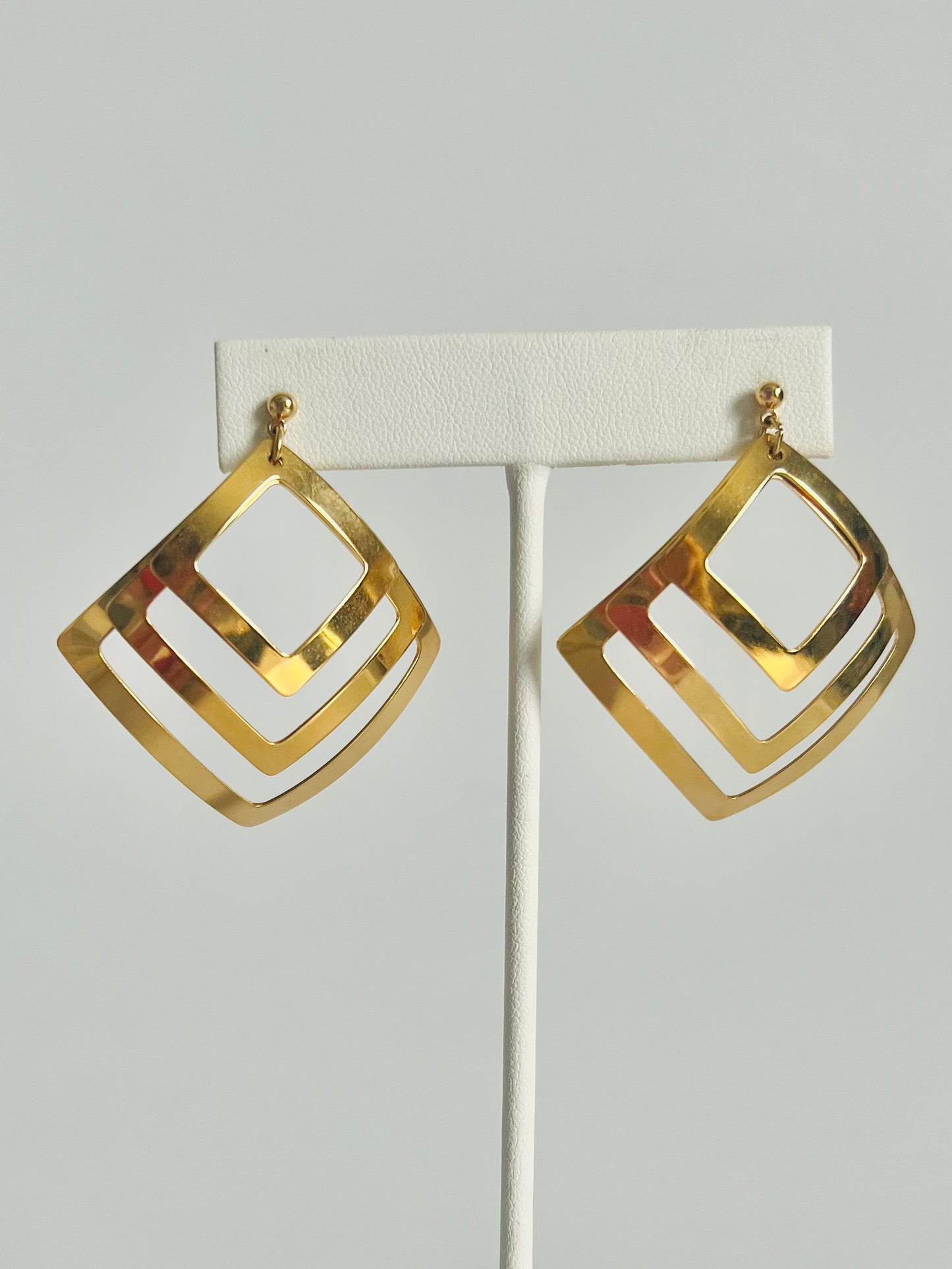Vintage 3 Layer Geometric Gold Tone Pierced Earrings