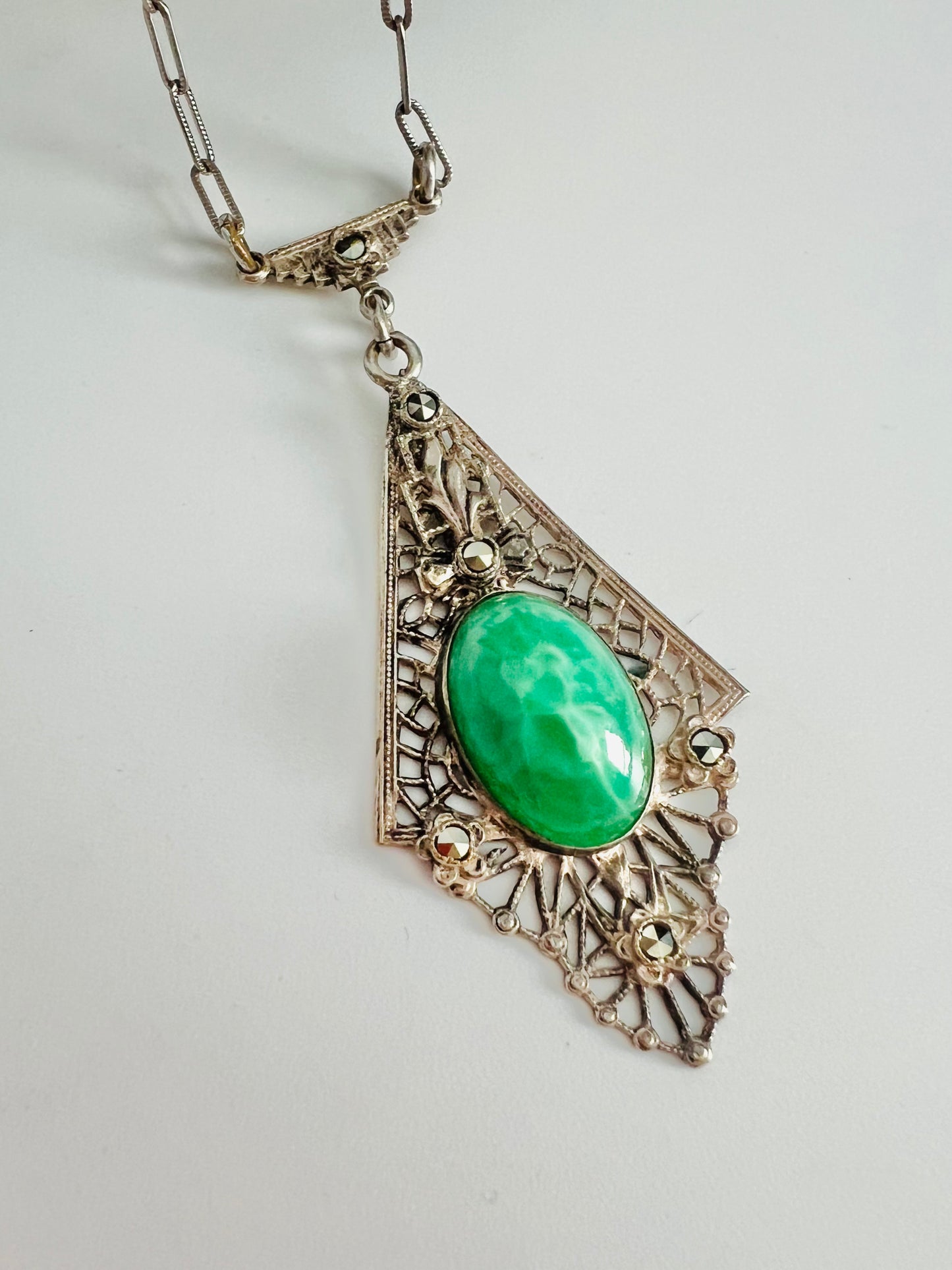 Vintage Art Deco Green Glass Marcasite Necklace