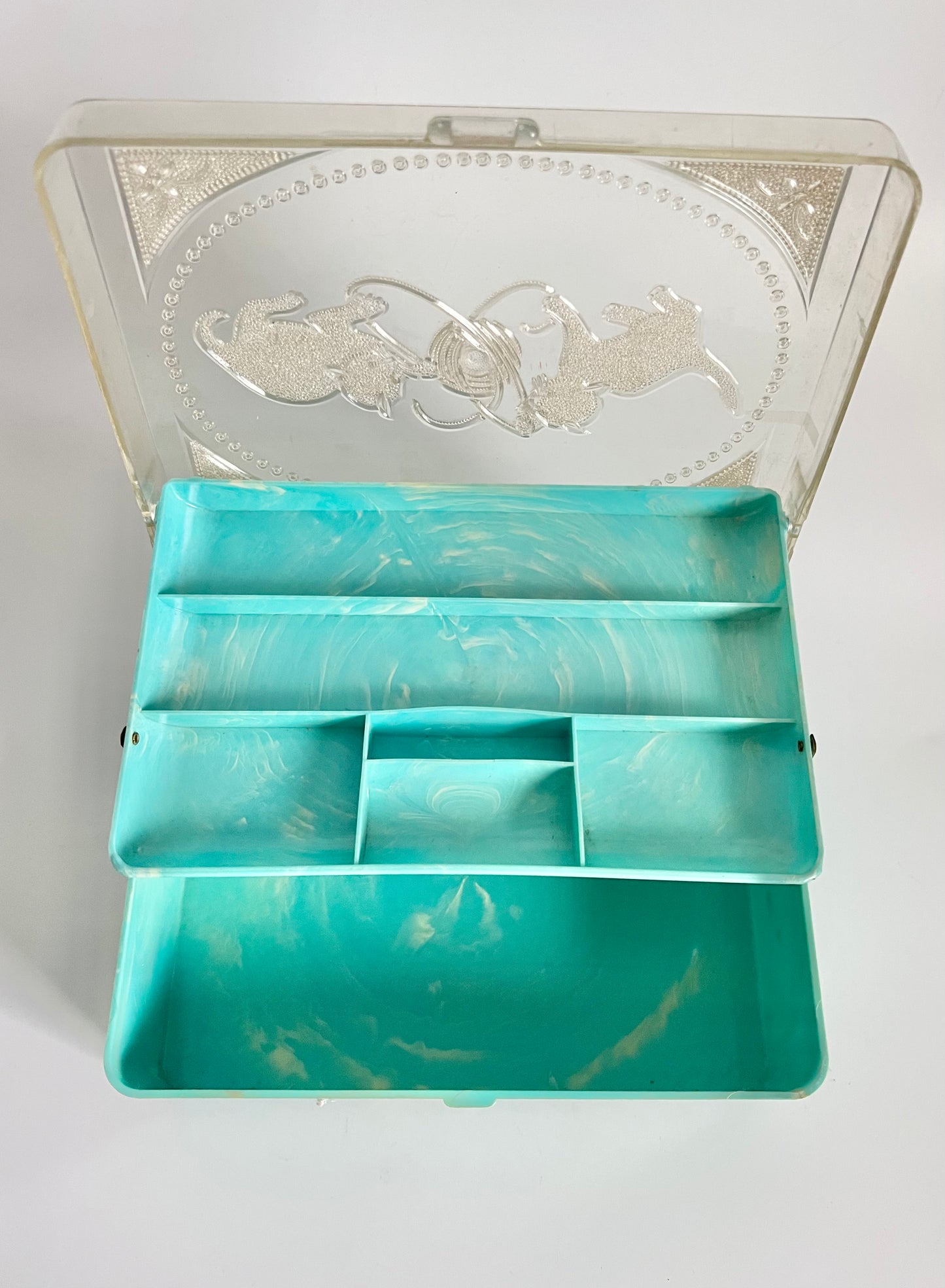 Vintage 1950s Homer Turquoise Marbled Plastic Kittens Jewelry Box