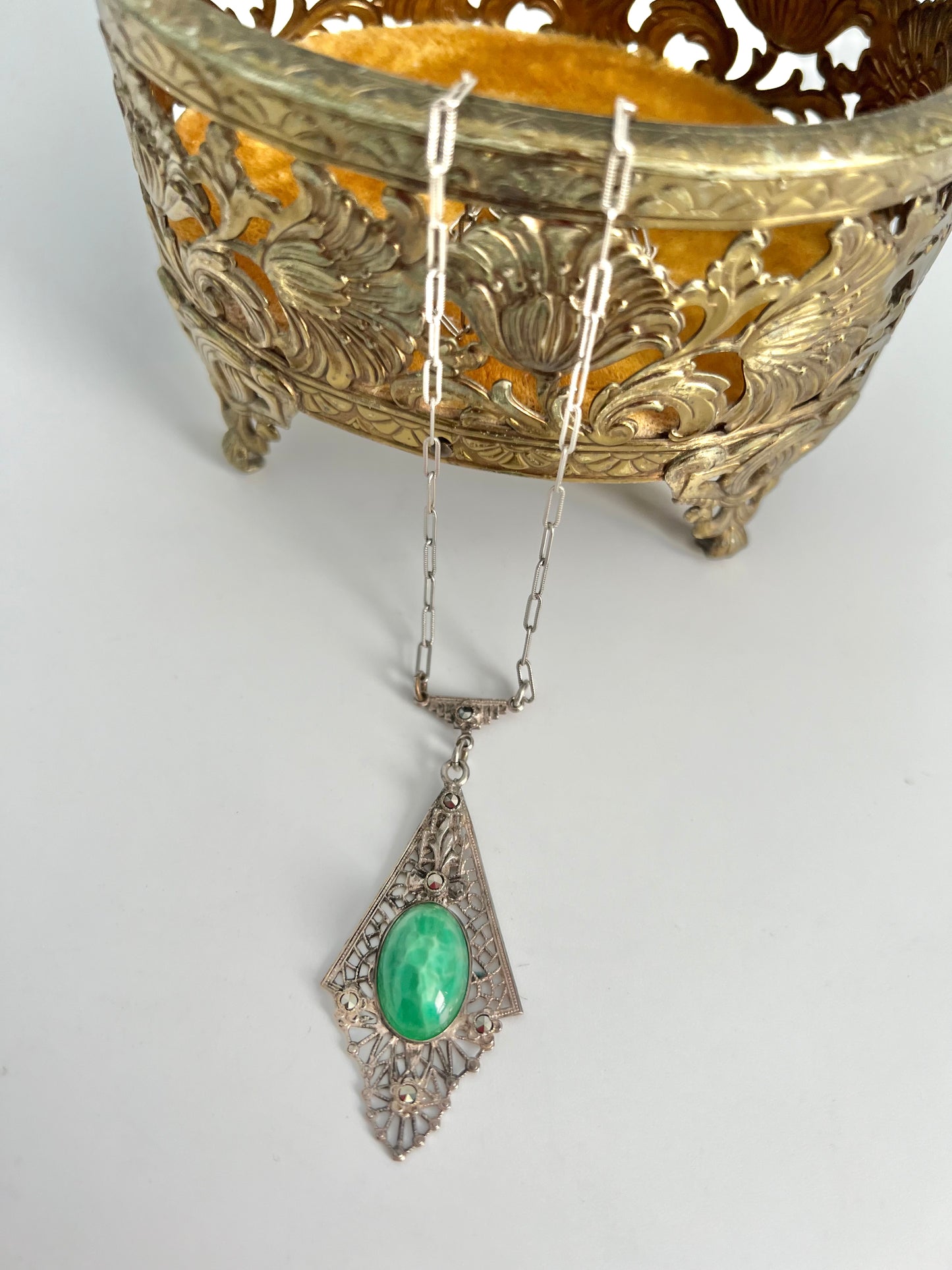 Vintage Art Deco Green Glass Marcasite Necklace