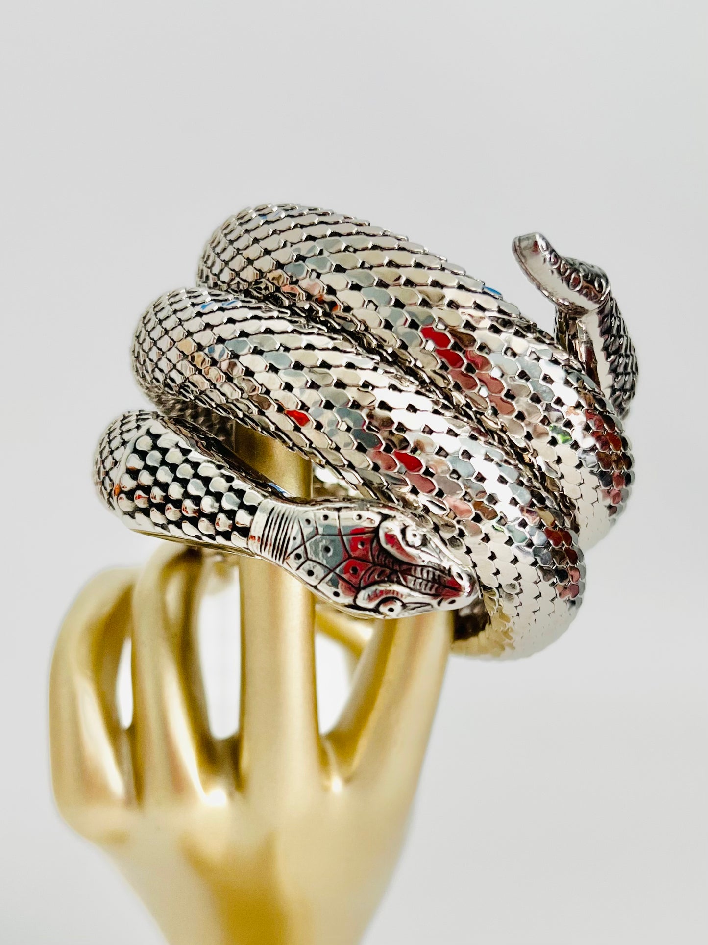 Vintage 1970s Signed Whiting and Davis Silver Mesh Triple Coil Snake Bracelet