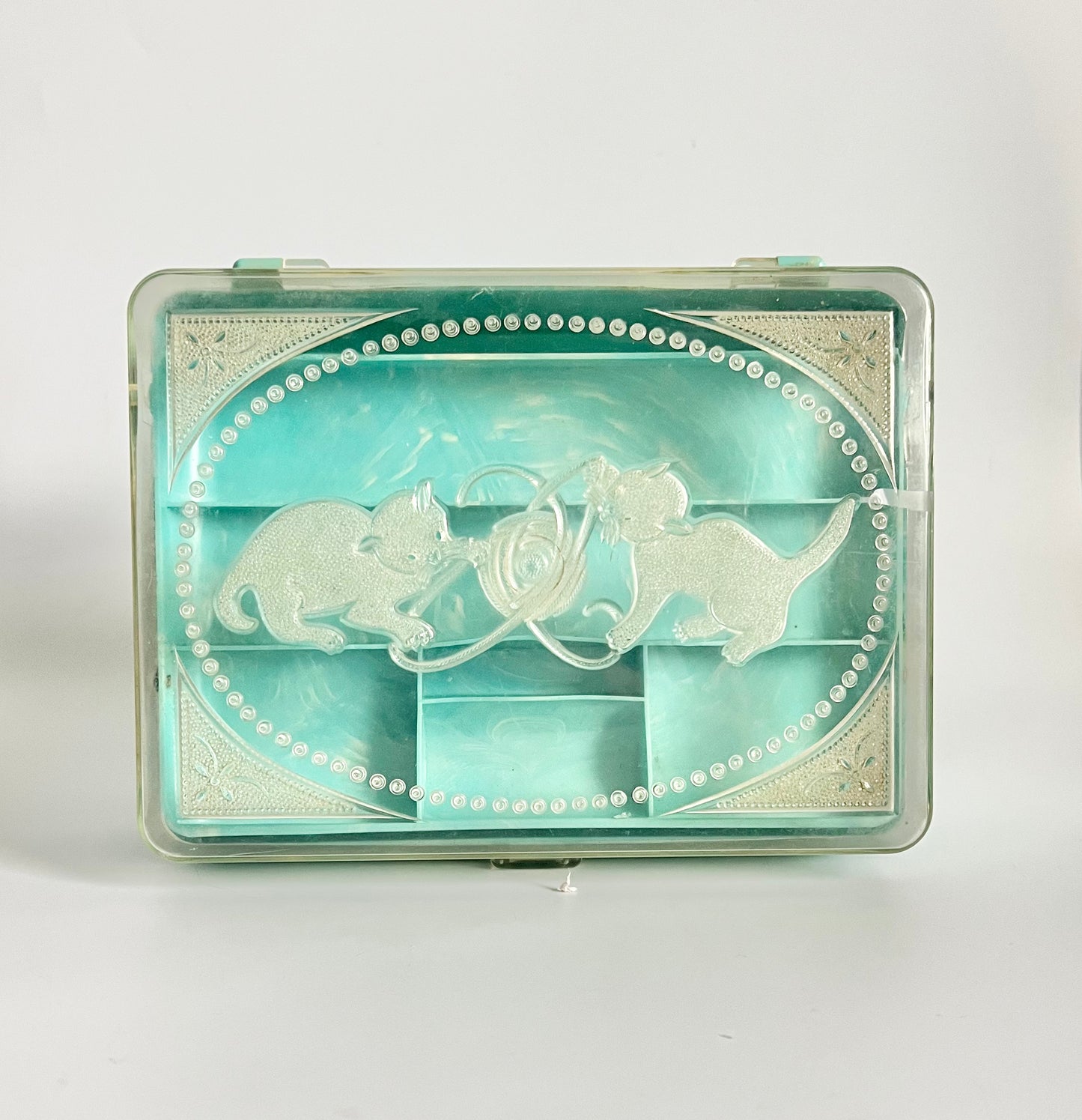 Vintage 1950s Homer Turquoise Marbled Plastic Kittens Jewelry Box