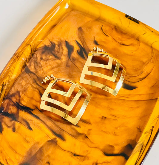 Vintage 3 Layer Geometric Gold Tone Pierced Earrings