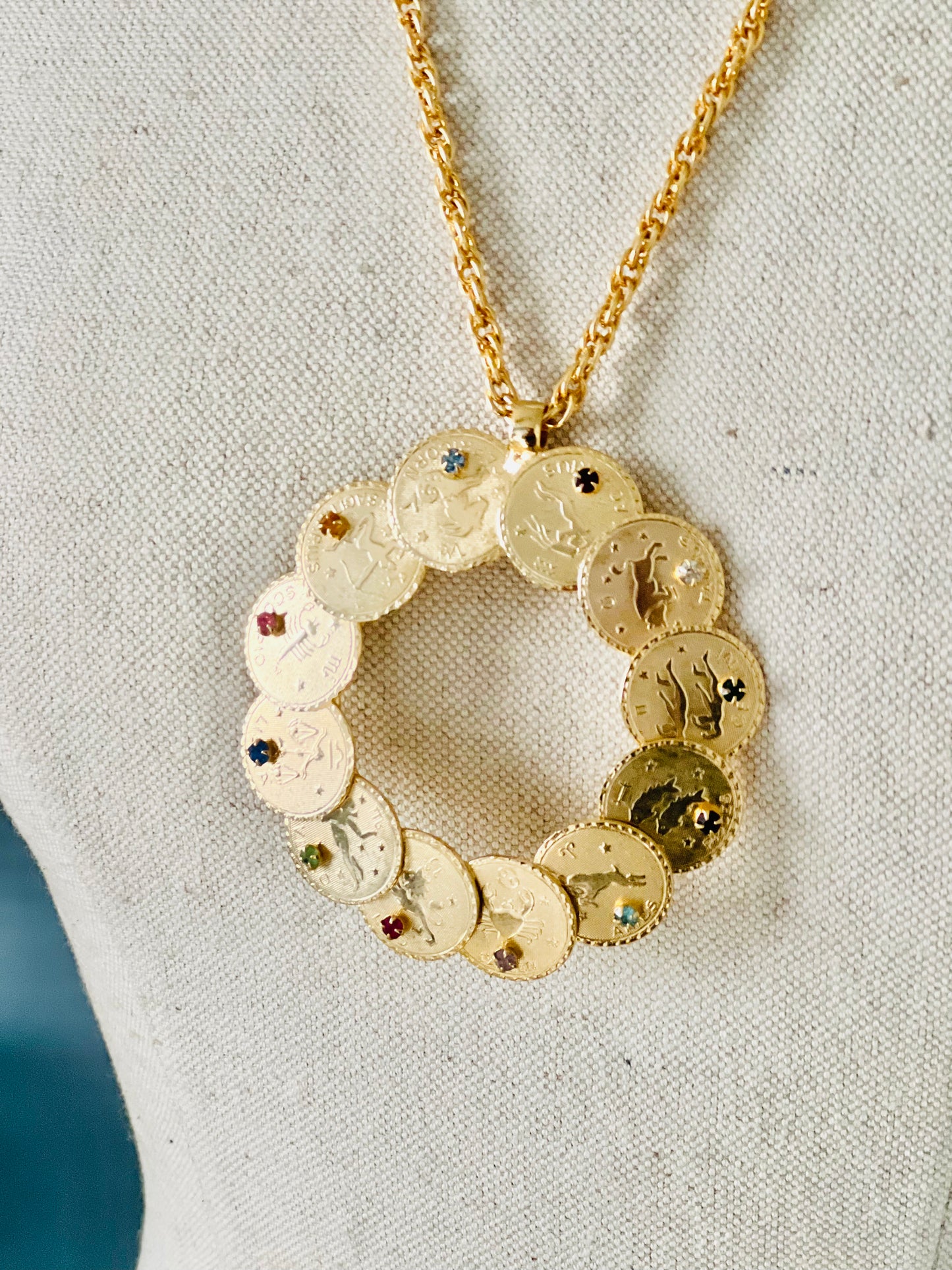 Deadstock 1970s Massive Zodiac Astrology Gold Pendant Necklace