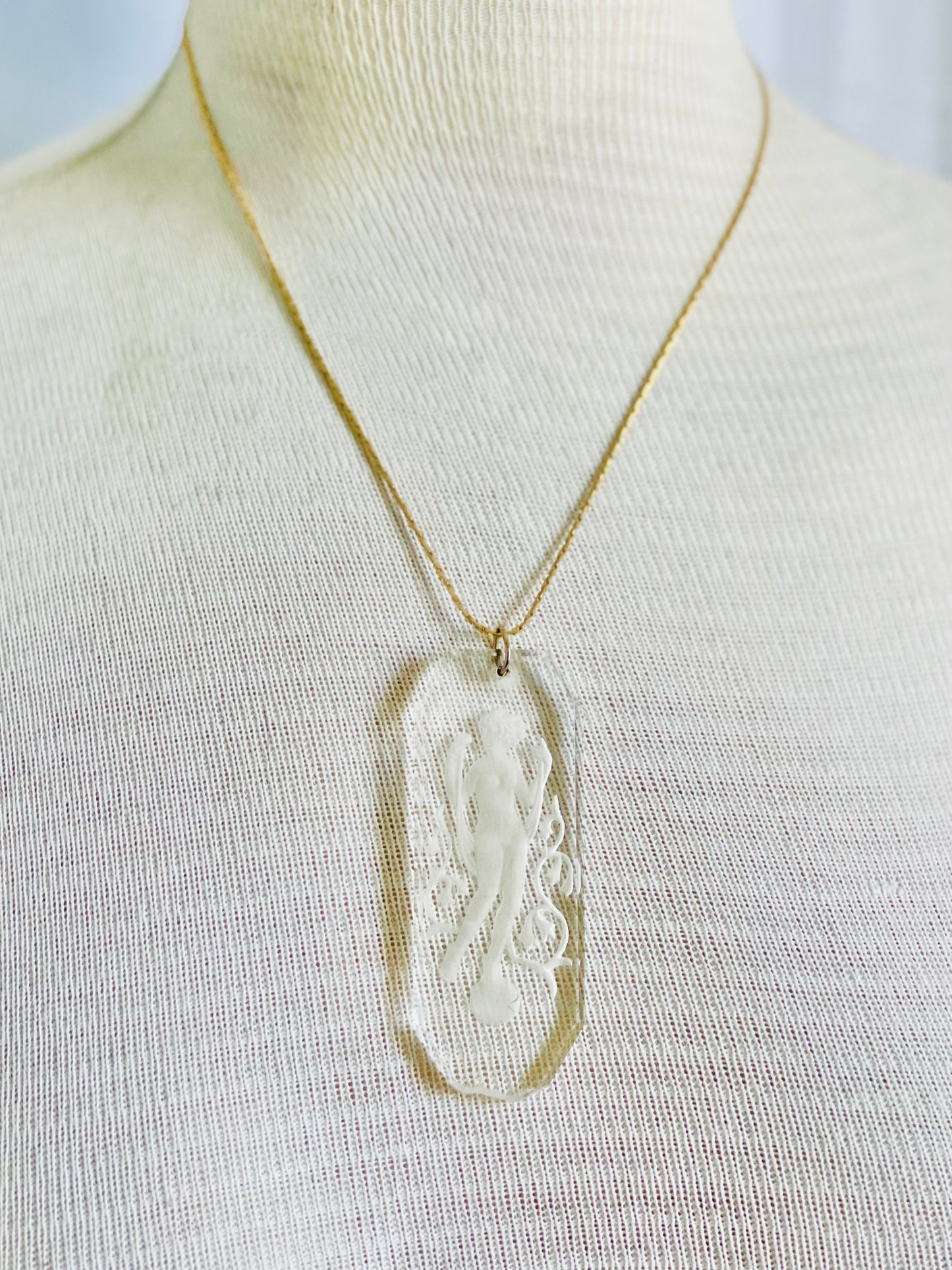 Vintage Reverse Carved Glass Ethereal Goddess Pendant Necklace