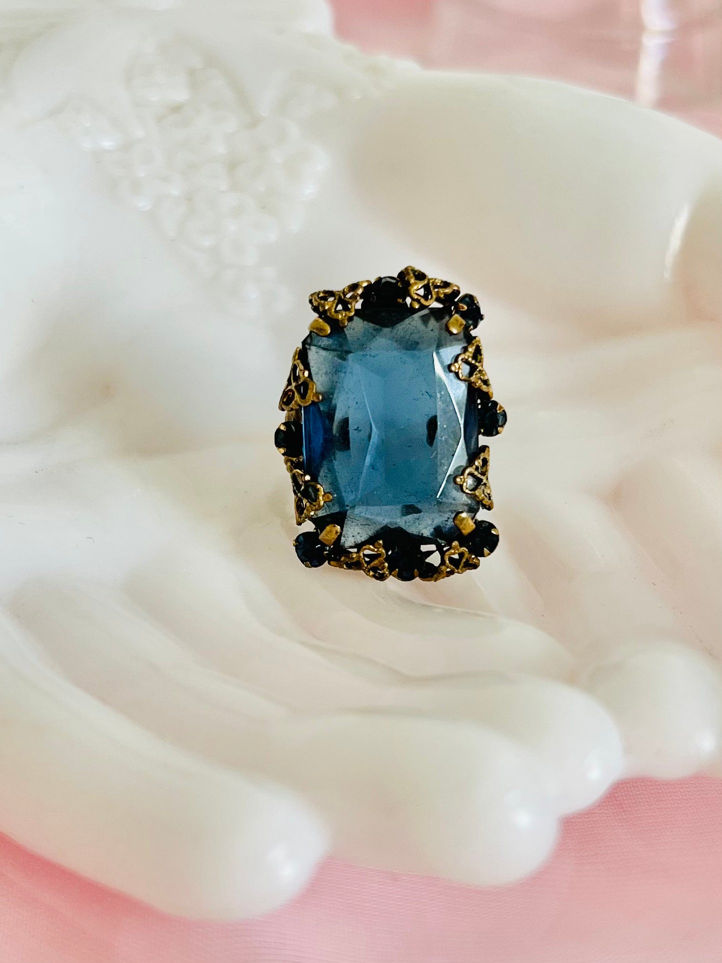 Vintage Western Germany Blue Faceted Glass Rhinestone Ring