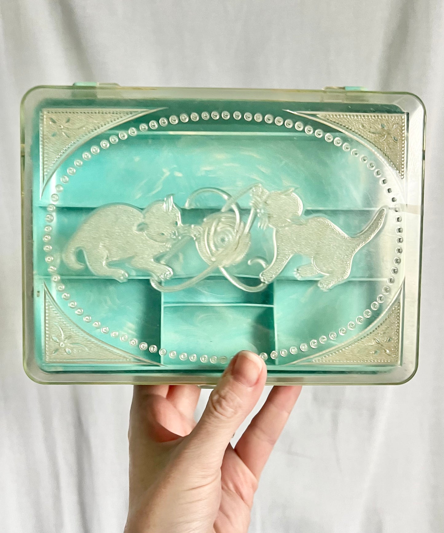 Vintage 1950s Homer Turquoise Marbled Plastic Kittens Jewelry Box