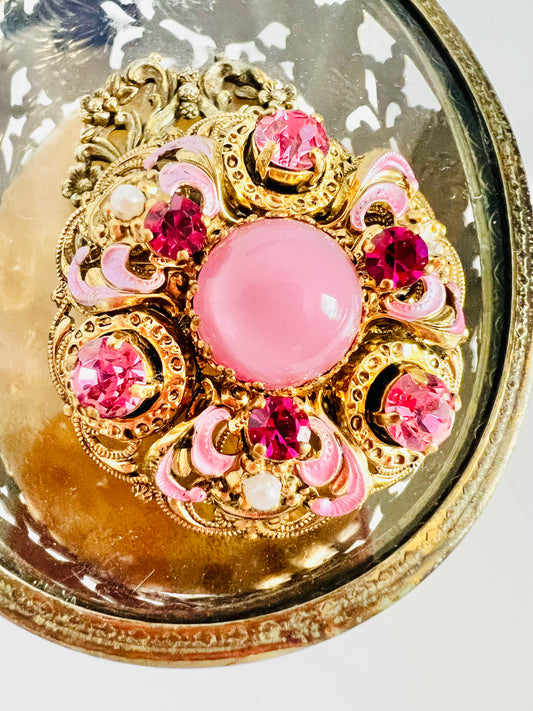 Vintage 1960s Pretty In Pink Rhinestone Brooch Pin
