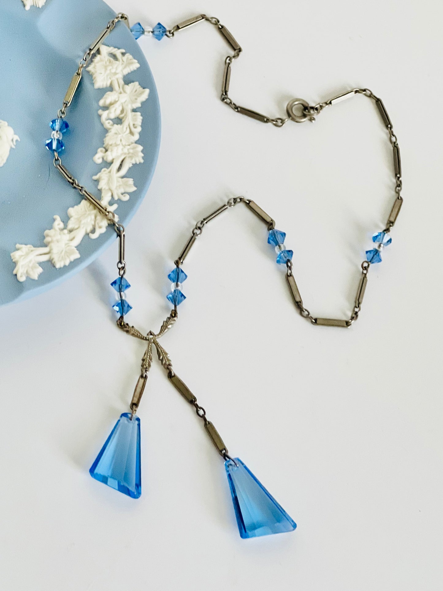 Art Deco 1930s Faceted Czech Glass Double Pendant Necklace
