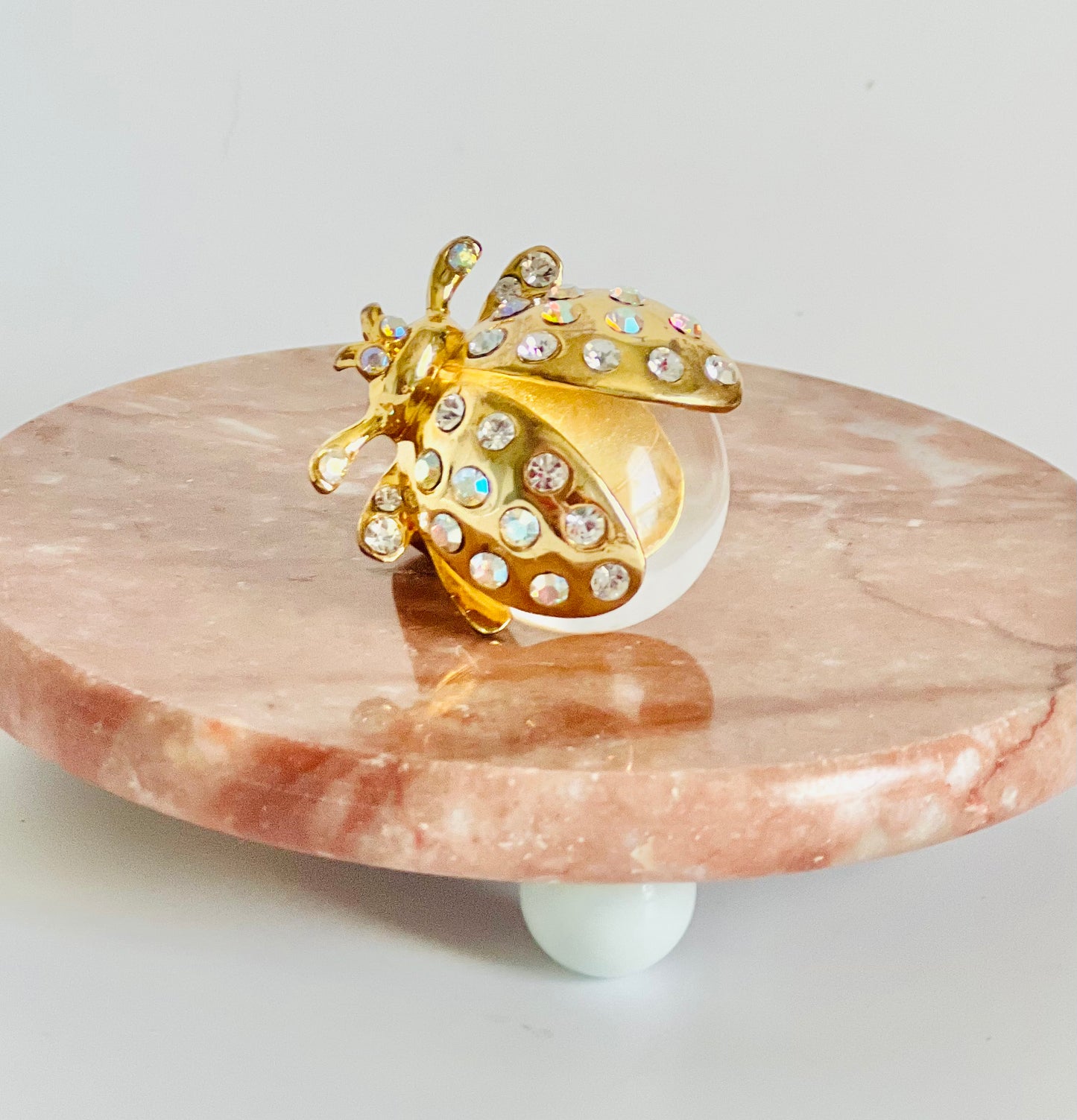 Vintage Lucite Belly Rhinestone Ladybug Adjustable  Ring
