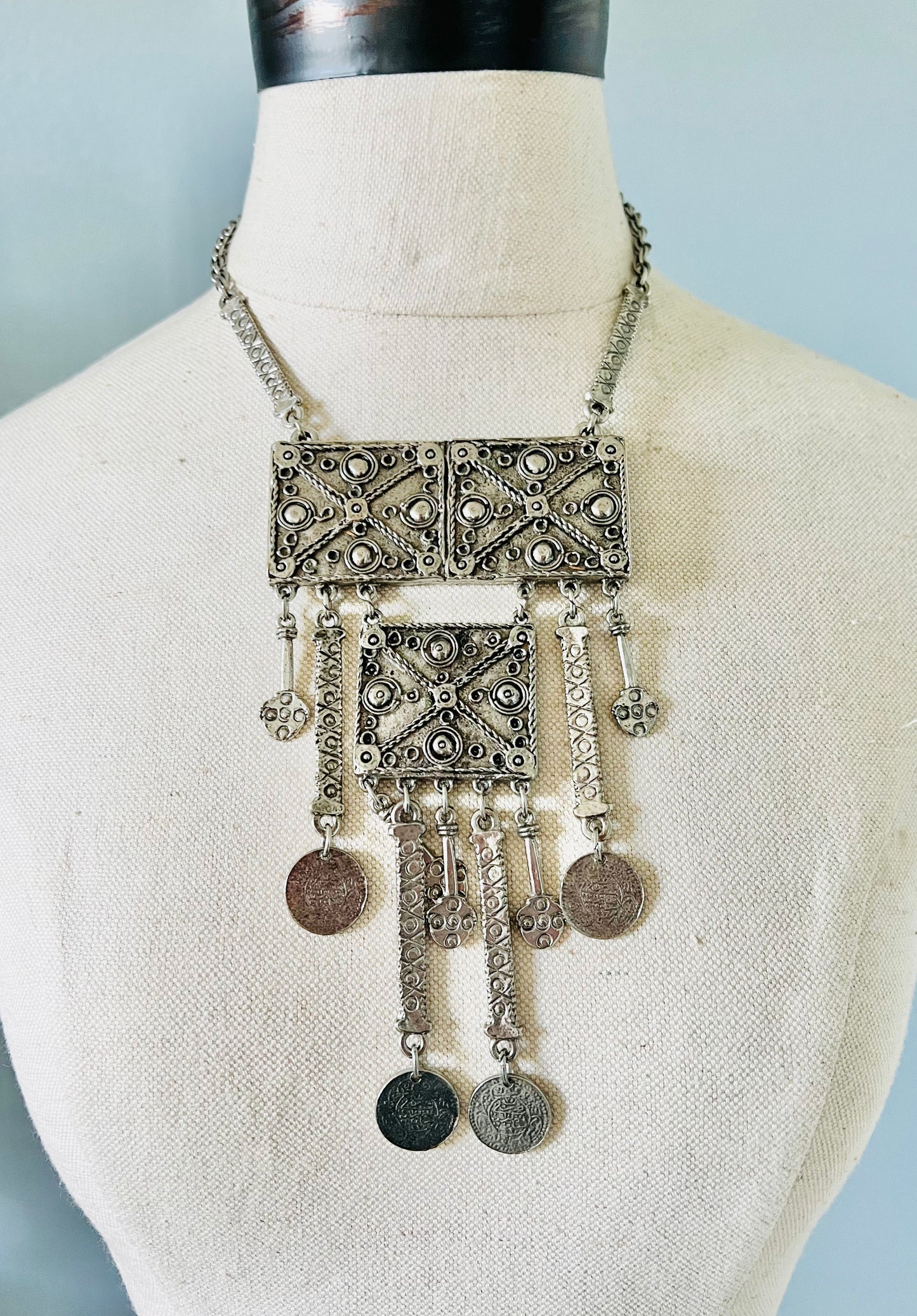 Vintage 1970s Etruscan Revival Silver Statement Necklace