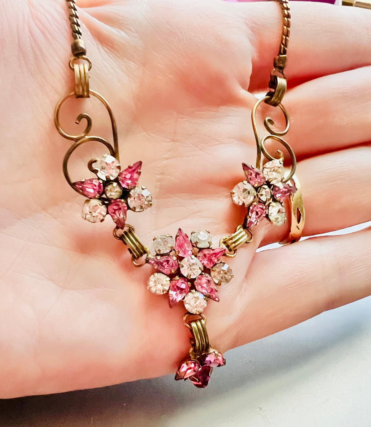 Vintage Star Art Pink Rhinestone Gold Filled Necklace