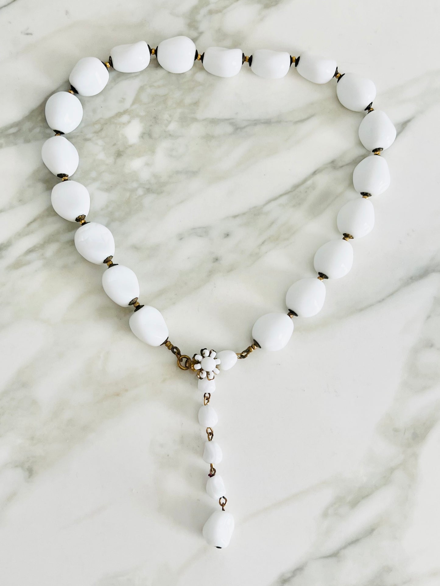 Signed Miriam Haskell 1940s Milk Glass Beaded Necklace