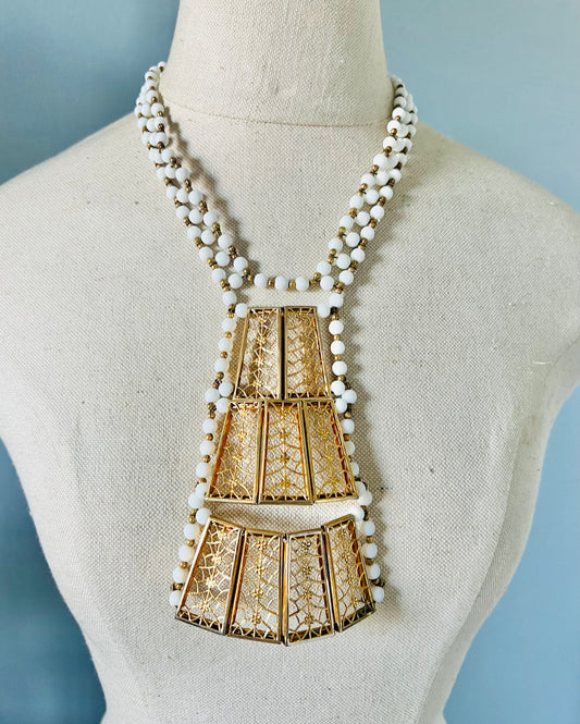 Rare Vintage Castlecliff White Milk Glass and Gold Filigree Statement Necklace