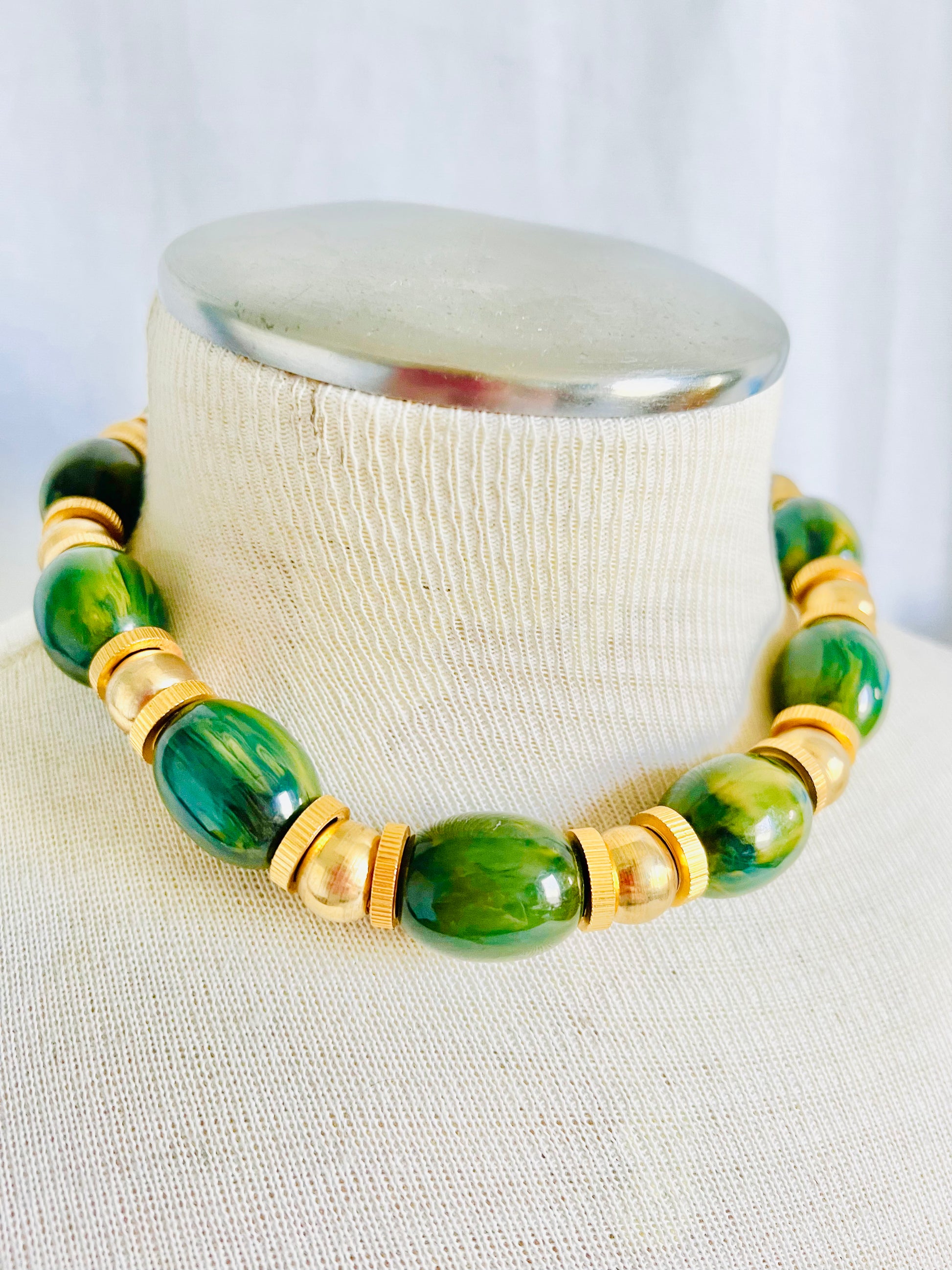 Vintage Green Bakelite Gold Bead Necklace