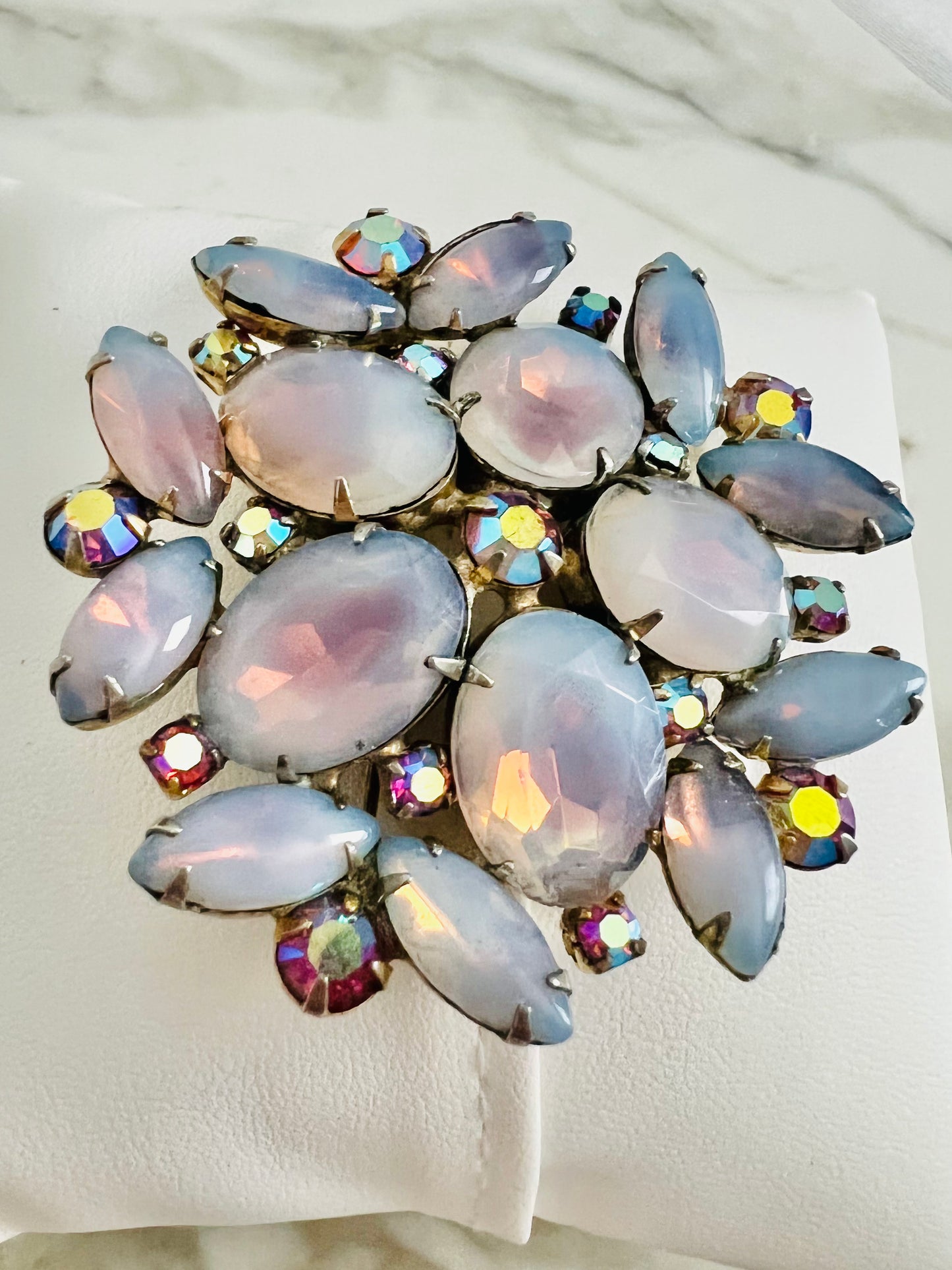 Vintage Lilac Glass Opalescent Rhinestone Brooch