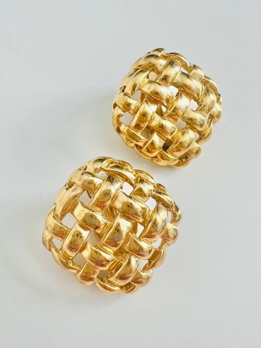 Vintage Signed Givenchy Gold Basketweave Clip Earrings