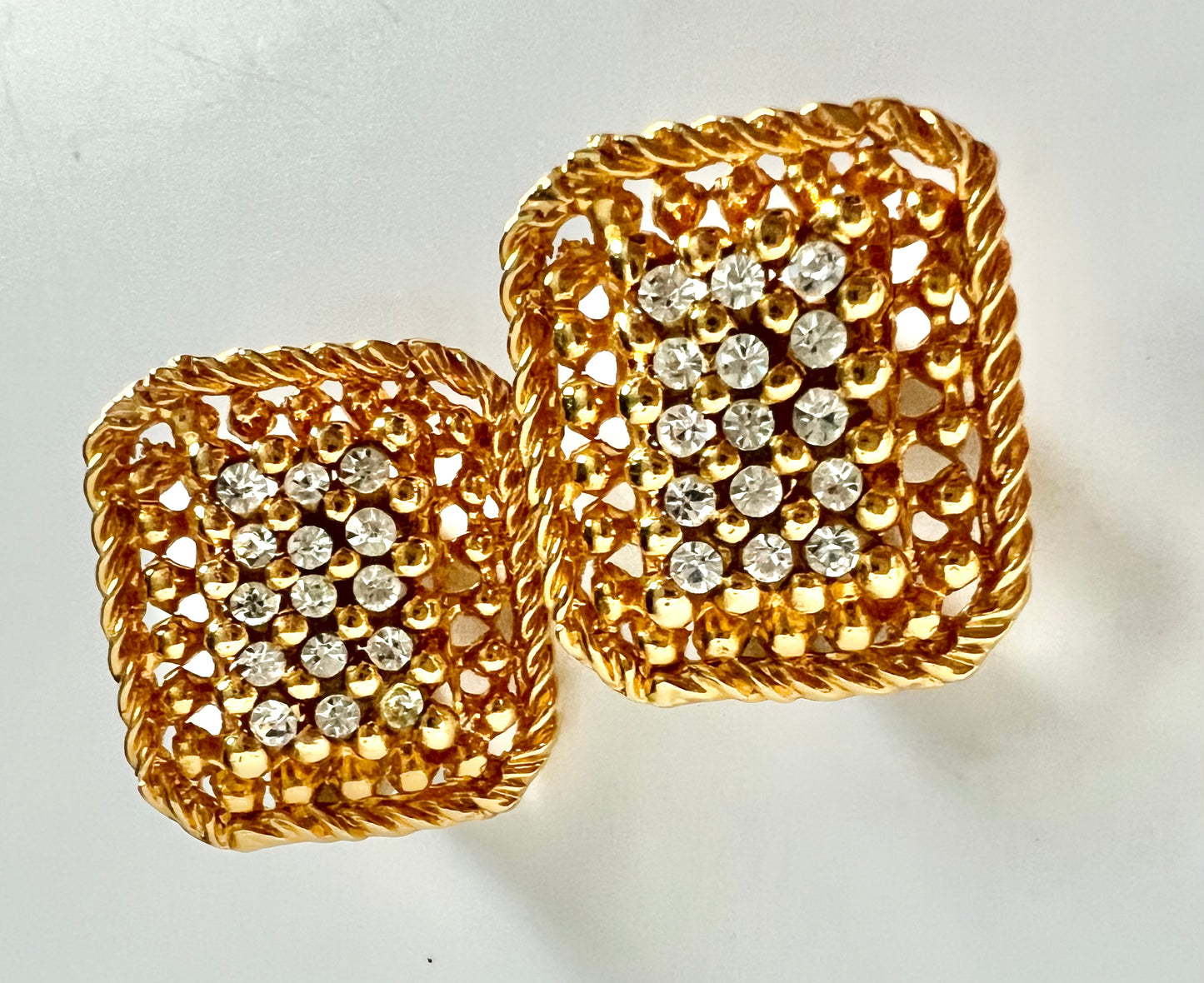 Vintage 1990s Gold Square Basketweave Rhinestone Clip Earrings