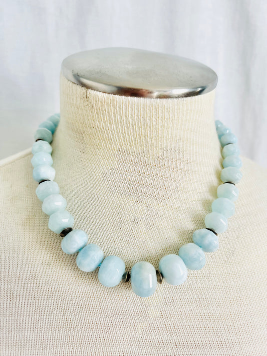 Hand Knotted Faceted Large Aquamarine Stone Necklace with Sterling Clasp