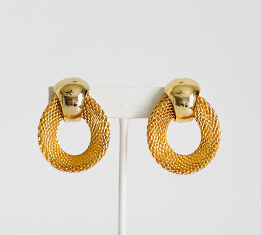 Vintage MidCentury Gold Mesh Door Knocker Style Clip Earrings