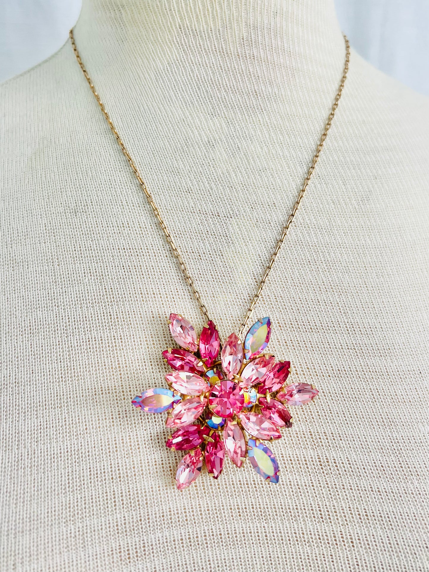 Vintage 1960s Aurora Borealis Pink Regency Brooch Necklace