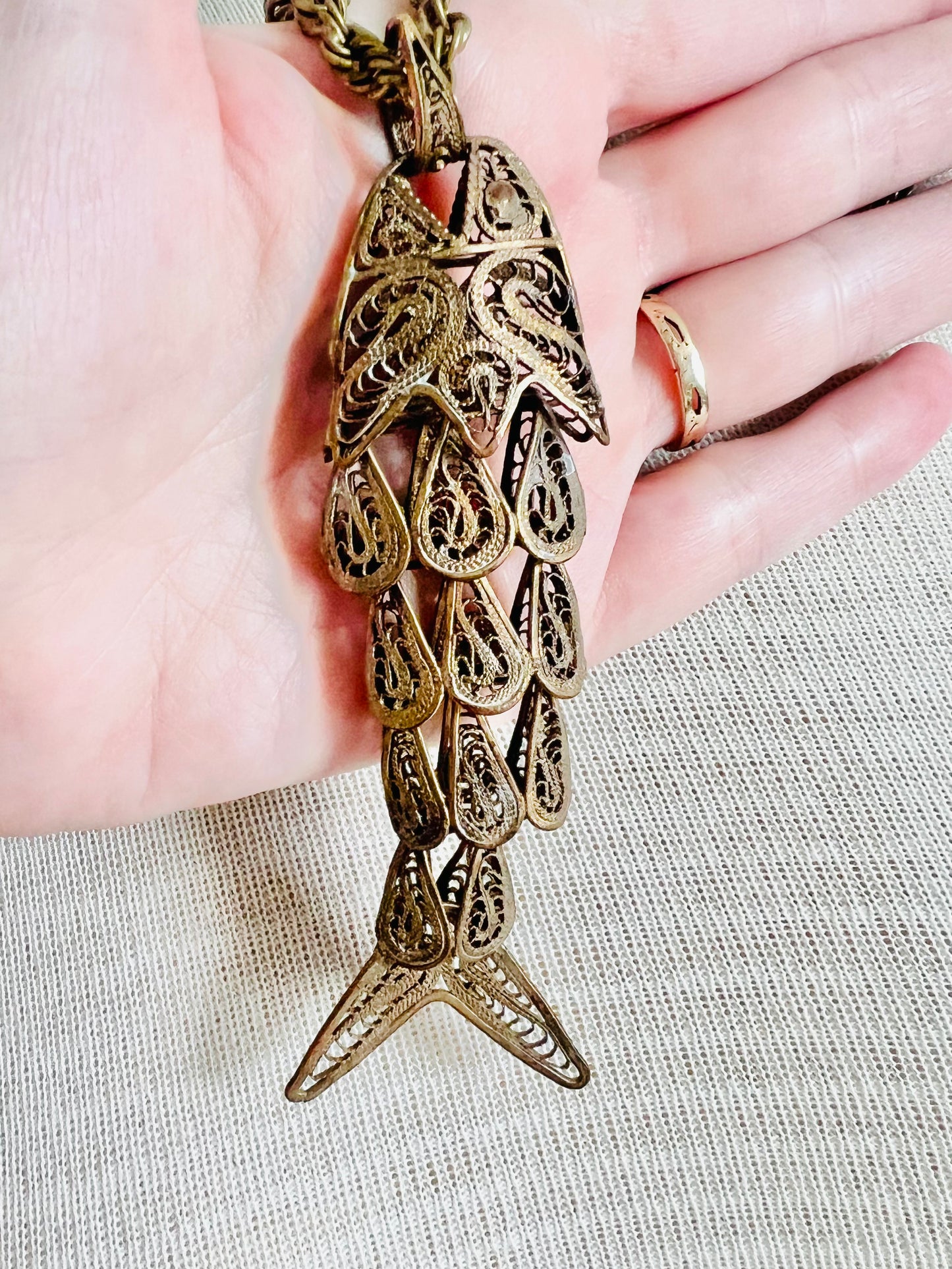 Large Vintage 1960s Brass Filigree Articulated Fish Necklace