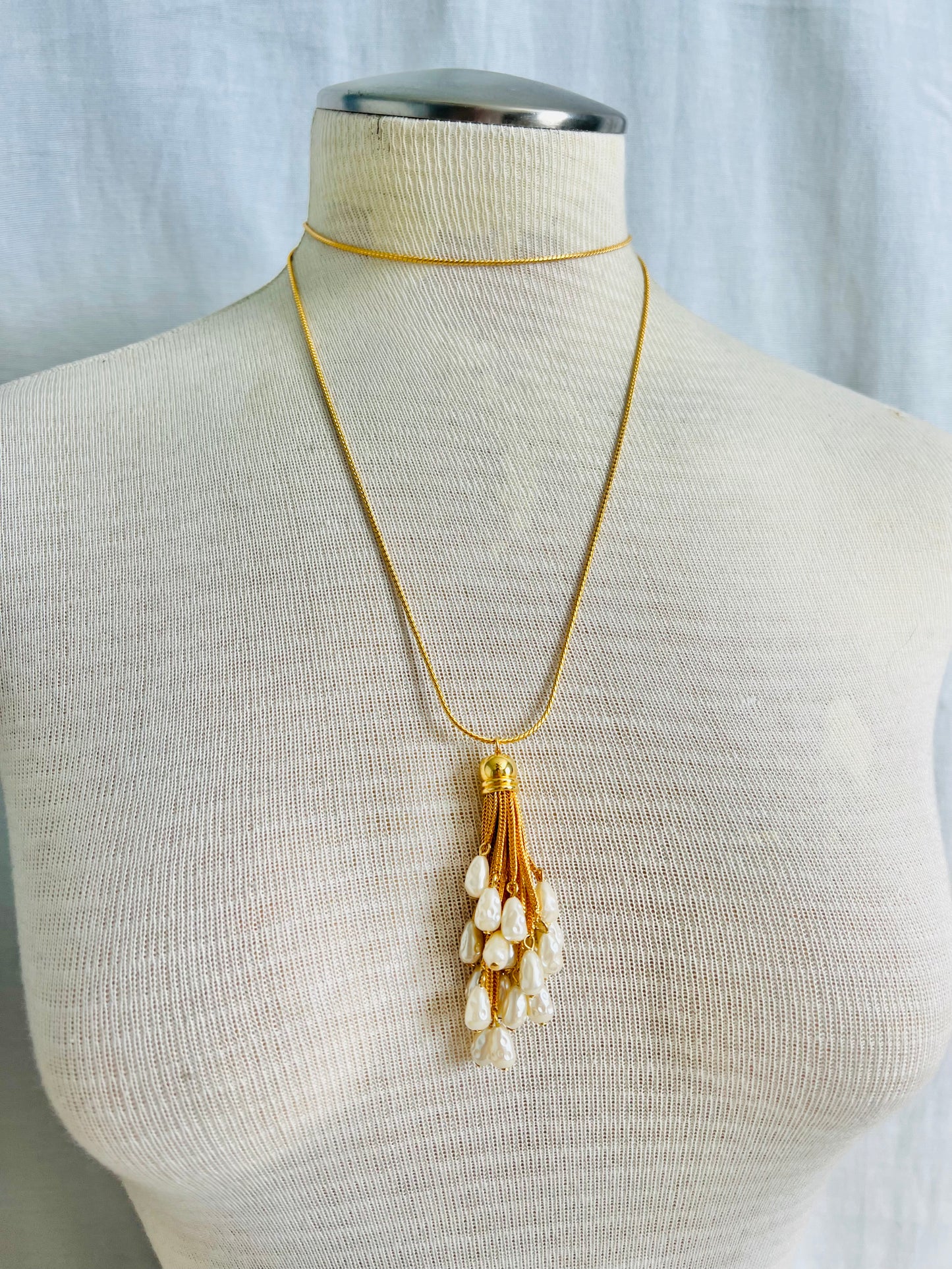 Vintage Long Gold Chain Pearl Tassel Necklace
