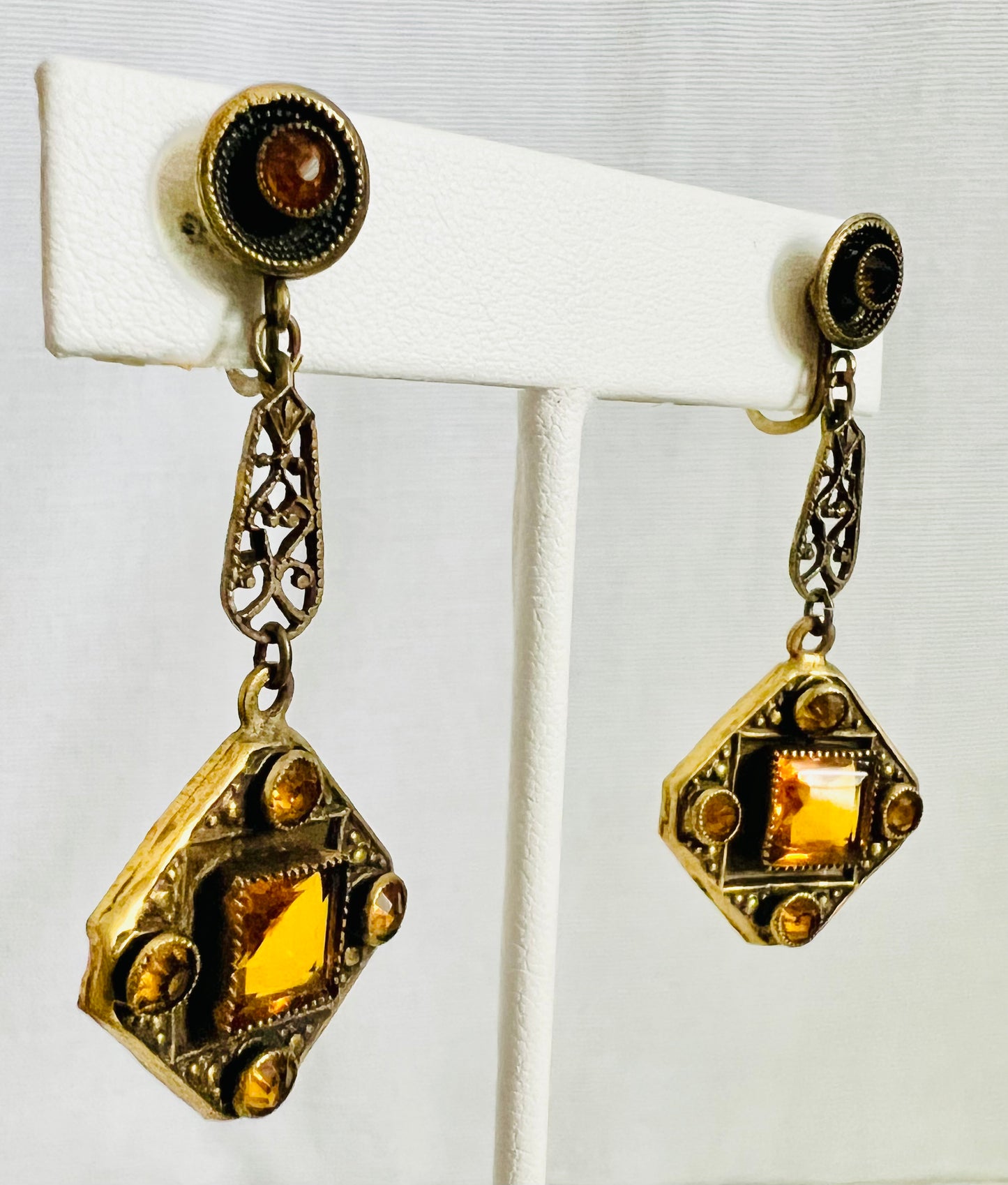 Vintage 1930s Art Deco Amber Glass Filigree Earrings