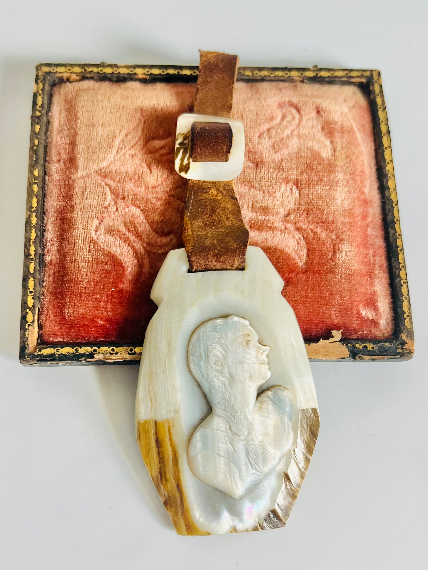 Vintage Hand Carved Shell Cameo Leather Fob